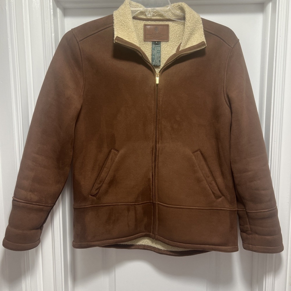 Lauren Ralph Lauren Faux Suede Zip Jacket Coat Women SMALL Brown Sherpa‎ Lining